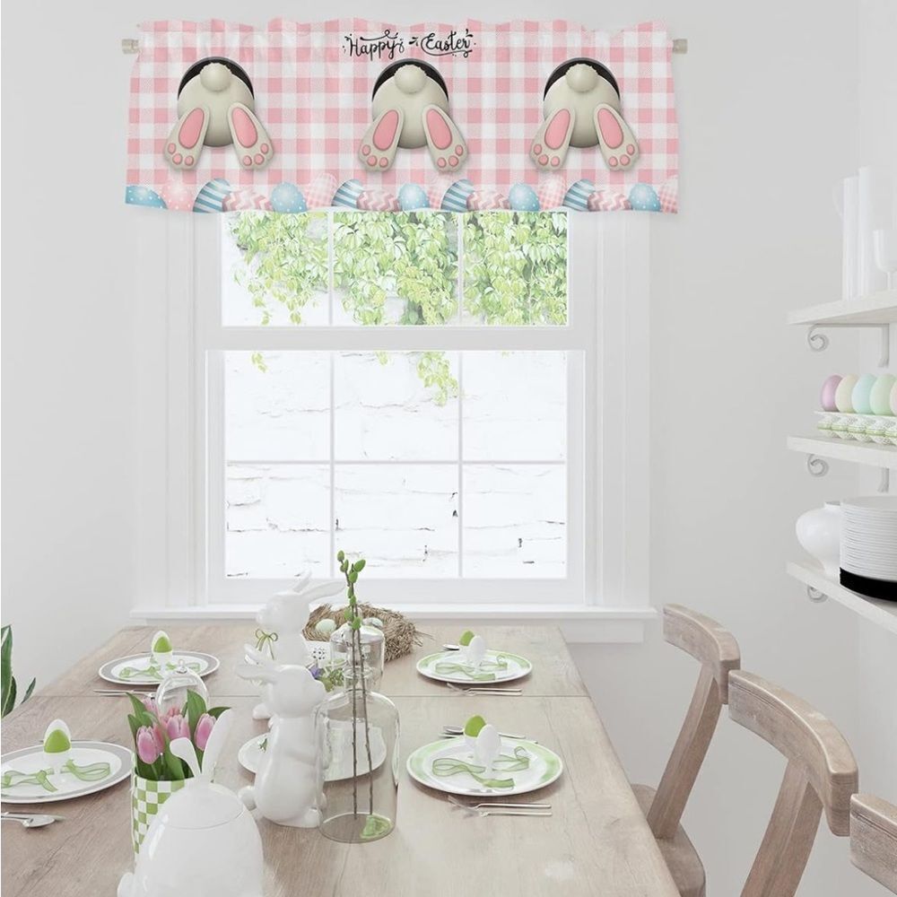 Easter Curtain Valances for Windows, Bunny Easter Eggs Floral Spring Pink Plaid - Picture 8 of 8